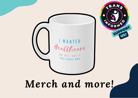 A picture of a mug with that reads 'I wanted healthcare but all I got is this lousy mug' the text 'Merch and more!' is displayed below. Click Here to go to the store.